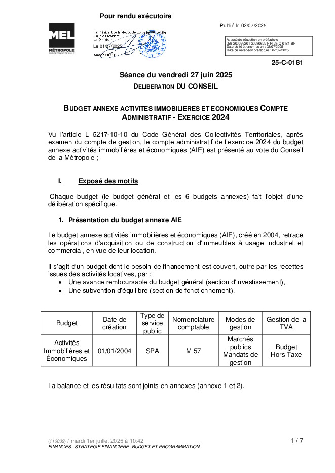 Comptes Administratifs 2024 : Budget AIE (pdf)