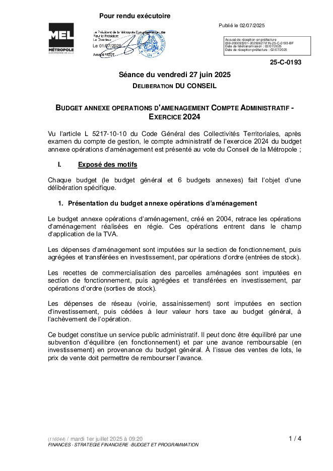 Comptes Administratifs 2024 : Opération aménagement