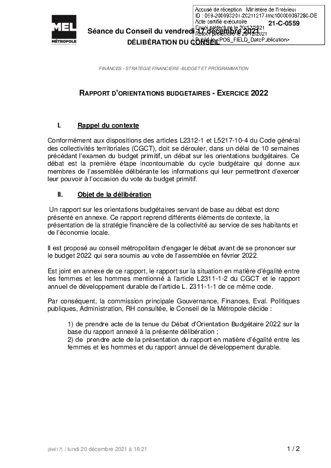 Délibération rapport orientation budgétaire MEL 2022 (.pdf)