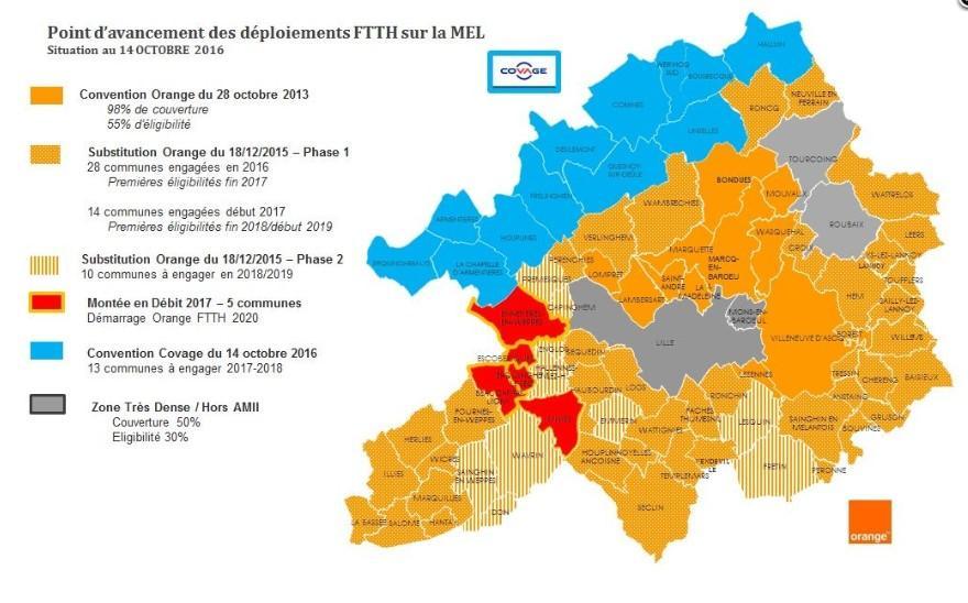 Carte du déploiement de la fibre sur le territoire de la MEL
