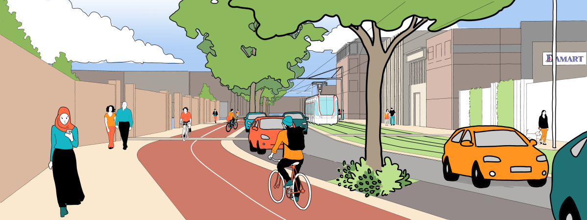 Avenue de la Fosse aux chênes : trottoir, pistes cyclables, route, tramway