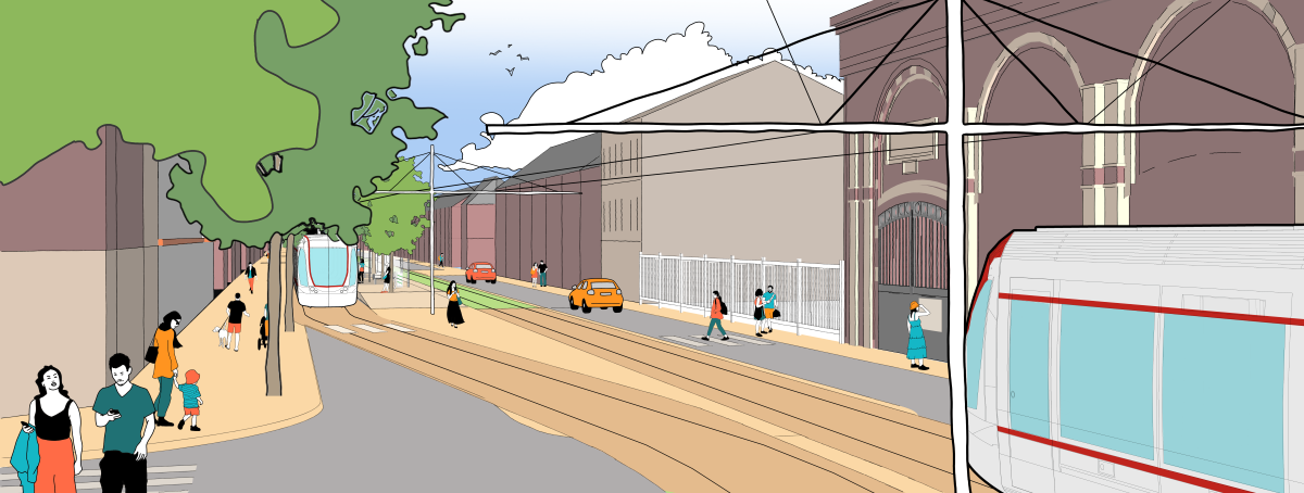 Trottoir, voie double sens tramway, route, trottoir