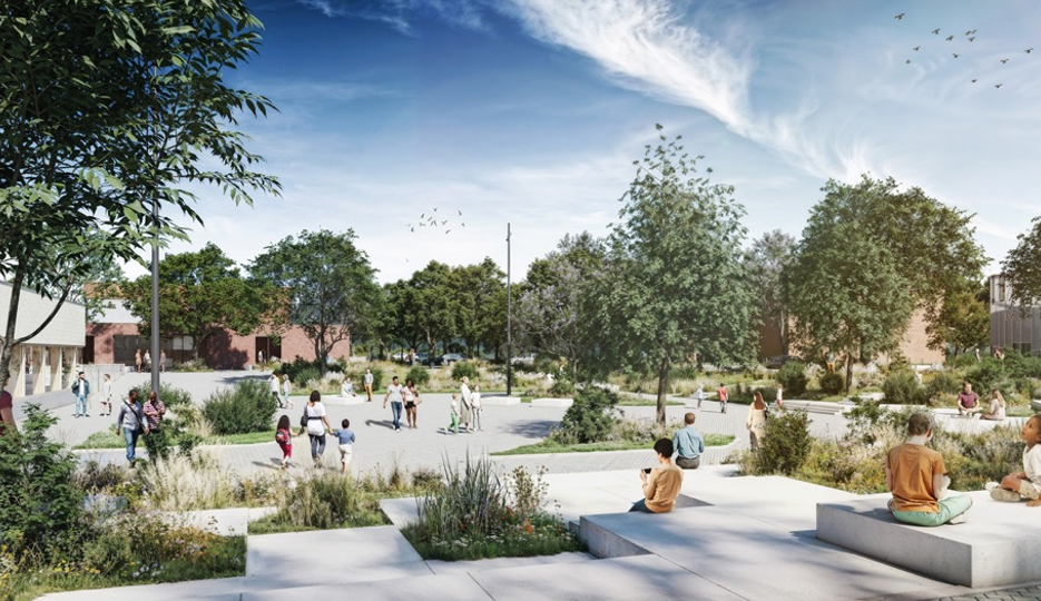 La place de la Bourgogne – côté spectacles (au fond à gauche, vue sur le Groupe scolaire à côté de la future extension du centre social)