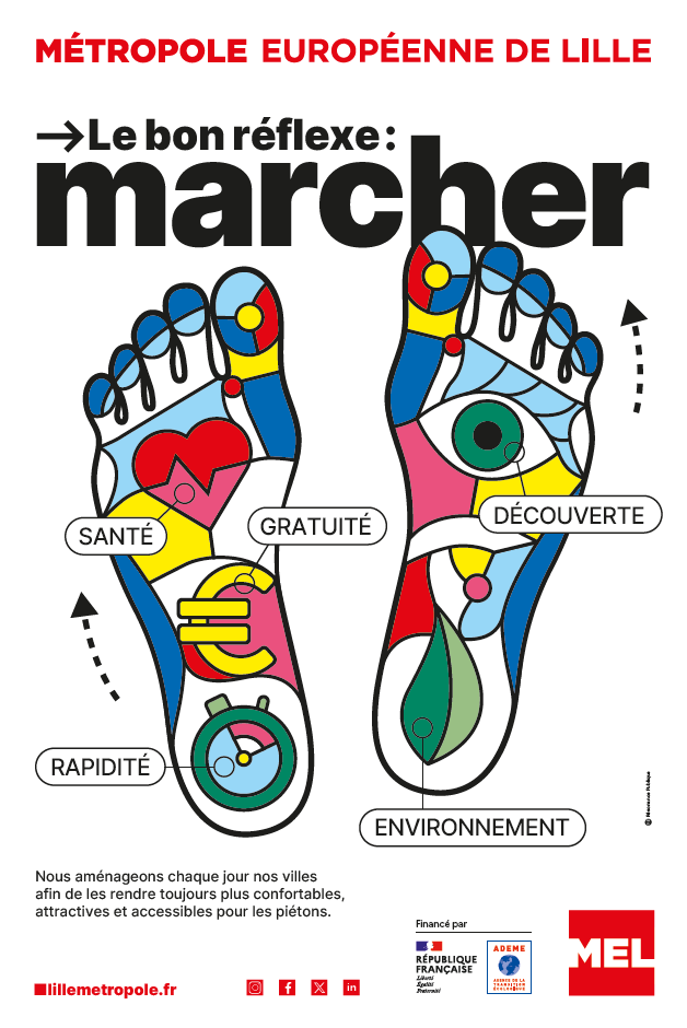 deux pieds peints, avec les bénéfices de la marche affichés : santé, gratuité, découverte, rapidité, environnement